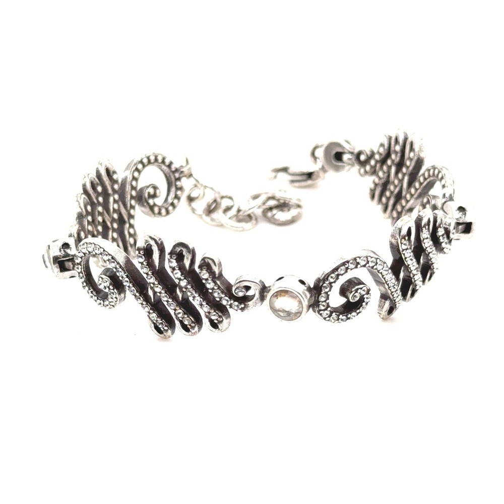 Brighton Silver Tone Scroll Crystal Link Bracelet Adjustable Heart Charm